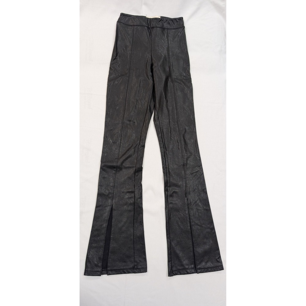 Vintage Havana Black Faux Leather Flare Pants Womens Small Split Hem Pull On Y2K